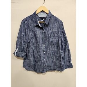 Tommy Hilfiger Button-up‎ Shirt Womens L Blue, Long Sleeve Pocket 100% Cotton